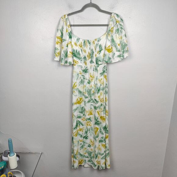 Zara Cutout Midi Dress Women XS White Floral Print Beachy Linen Slit White Lotus - Picture 6 of 9